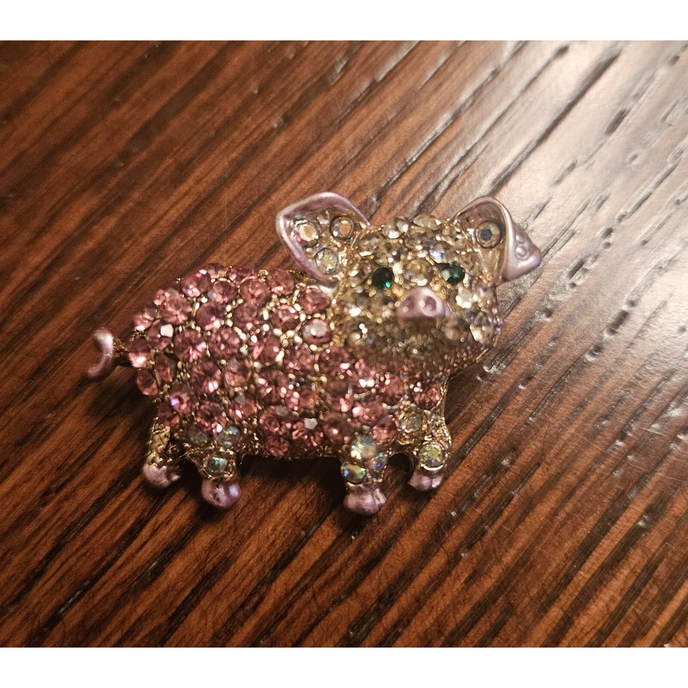Pink Pig Brooch Pin Rhinestones Lots of Sparkle!